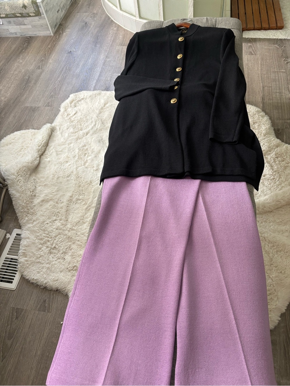 St. John Black Knit jacket- just-  dry cleaned- 20 in pit 2 pit& lavender pants